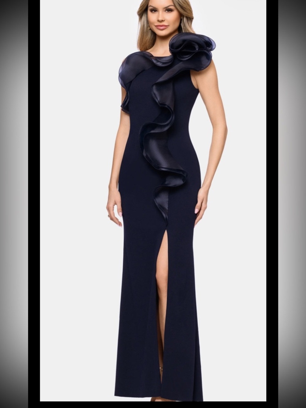 Betsy & Adam Organza Ruffle/jersey One Shoulder Gown,sz 10,Navy,new Without tag